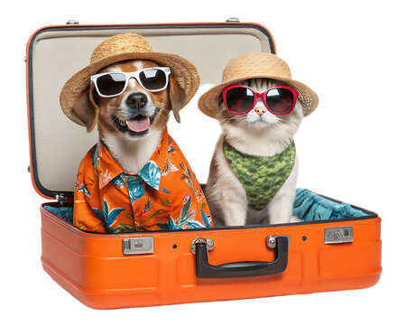 Dog and cat in suitcase wearing sunglasses and hats ready for vacation travel adventure together