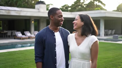 Happy couple outdoors in modern backyard with green grass and swimming pool, smiling and enjoying summer love, relaxed and joyful mood, happiness together, lifestyle in lush garden, expressing love - Powered by Adobe