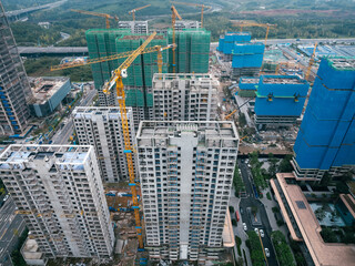 Aerial view of construction site of modern office buildings in Chengdu city, China