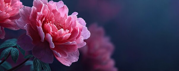 Obraz premium Rugosa rose echo in floral tempo concept. Beautiful pink peony flower with soft petals and rich colors.