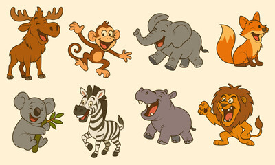 Flat vector illustration set of funny wild animals, including moose, monkey, elephant, fox, koala, zebra, hippo, and lion. 