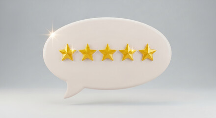 Beige speech bubble with five golden stars, representing high rating, feedback, review, or customer satisfaction, ideal for website banner or mockup