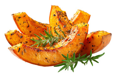 On transparent background slices of roasted pumpkin seasoned with herbs and spices are artfully arranged on a