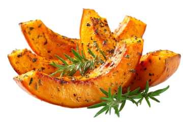 On transparent background slices of roasted pumpkin seasoned with herbs and spices are artfully arranged on a