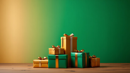 Stacked Gift Boxes Wrapped in Gold and Green with Ribbons presents wrapped gifts
