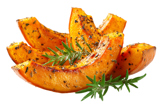 On transparent background slices of roasted pumpkin seasoned with herbs and spices are artfully arranged on a