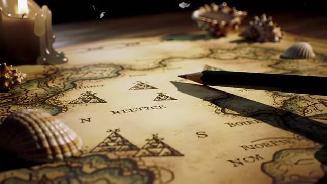 Ancient treasure map adventure with candle, pencil, and seashell wooden table, evoking mystery and exploration, featuring hand drawn islands, mountains, compass rose, and nostalgic atmosphere