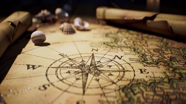 Vintage map compass rose navigation adventure exploration old paper shell travel antique maritime seashells create nostalgic and adventurous atmosphere weathered surface, perfect for discovery
