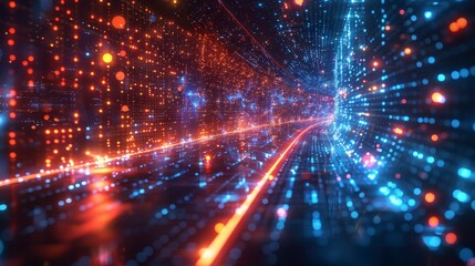 Naklejka premium Data flow tunnel of bright orange and blue digital lights