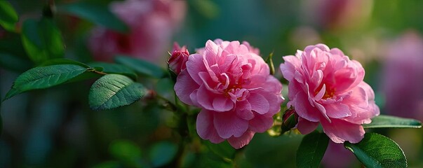 Fototapeta premium Rugosa rose echo in floral tempo concept. Beautiful pink flowers blooming in a lush green garden.