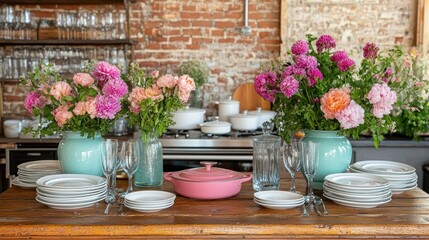 Rustic kitchen with floral arrangements and tableware