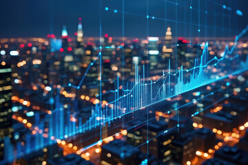 A cityscape at night with a blue graph overlayed showing financial data and market trends analysis