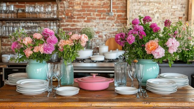 Rustic kitchen with floral arrangements and tableware