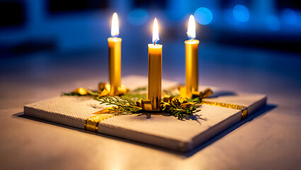 Three golden candles burning with green foliage and gold ribbon yellow