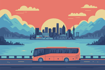 Orange bus with passengers on a road with a city skyline and mountains in the background at sunset