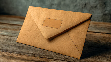 A plain brown envelope resting on a rustic wooden surface with a stamped rectangular area and diagonal fold line