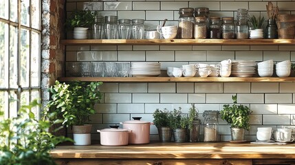Fototapeta premium Rustic kitchen with open shelving, displaying various home goods and plants. Sunlight streams through a large window