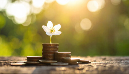 Delicate flower grows from stack of coins, symbolizing concept of growth and prosperity in natural setting. warm sunlight creates serene atmosphere, enhancing beauty of this unique juxtaposition