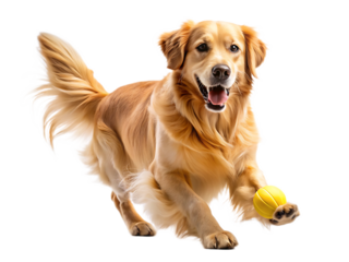 Golden retriever dog running with a yellow ball isolated on a black background in a studio shot