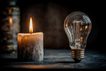 Candle and light bulb illuminated against a dark background