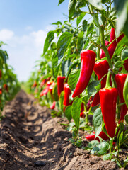 Fresh red chili peppers growing in a sunny field on a clear day