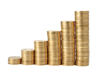 Stacks of gold coins arranged in ascending order on a black background showing financial growth