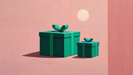 Two teal gift boxes with bows on pink background green
