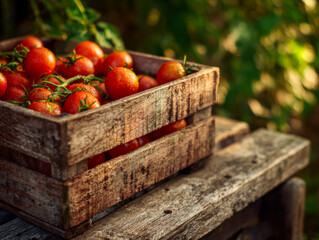 Fresh cherry tomatoes in rustic wooden crate on outdoor table