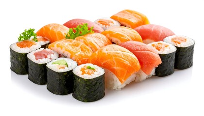 Assorted sushi platter against white background