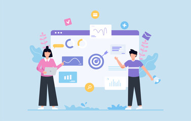Business Marketing Strategy Illustrating Team Collaboration and Digital Analysis with Laptop and Dashboard Elements in a Modern Workspace