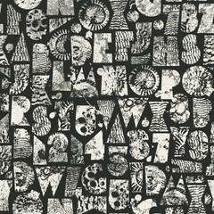 Abstract vector seamless pattern with font consisting of geometric shapes with texture, shells on the theme of paleontology. Fabric, textile, t-shirt design, tiles, wallpaper, wrapping paper. No AI 