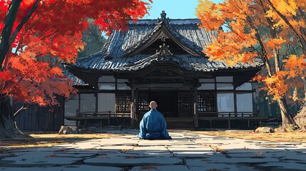 Obraz premium Japanese monk in blue robe sitting before black and white temple with red autumn trees in background, honoring Obon Festival and ancestral remembrance in traditional Japanese culture