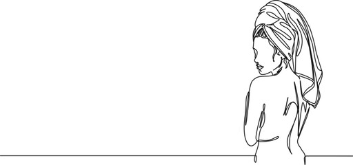 back view of woman after shower with towel wrapped around her head looking over shoulder, continuous line drawing, line art vector illustration