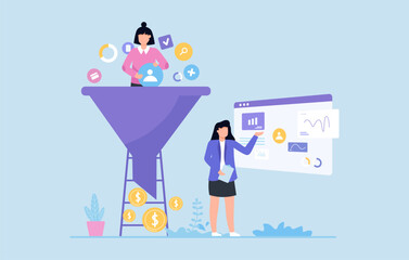 Data Funnel Illustration Featuring Women Analyzing Business Metrics and Digital Strategies for Growth and Innovation in Modern Workspace