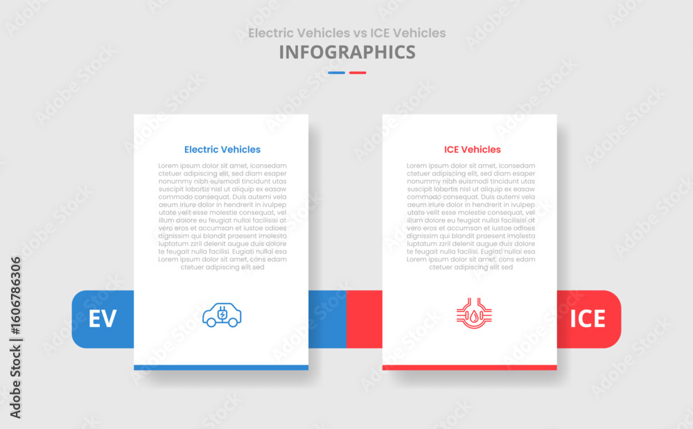 Poster ev vs ice vehicles machine comparison for infographic with vertical standing box and horizontal box 