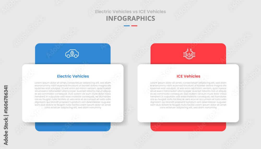 Poster ev vs ice vehicles machine comparison for infographic with round box with big block at behind drop s