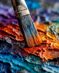 Close-up of a painter's brush applying vibrant orange and blue oil paints on canvas