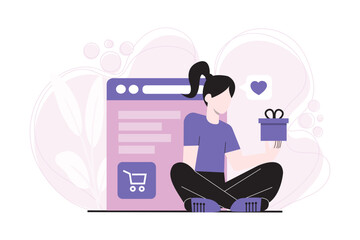 Flat illustration of woman holding a gift box with heart icon, sitting in front of shopping interface, symbolizing special offers, deals, and hot sales.