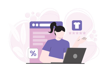 Woman comparing clothing product and rating online, with discount icon and 5-star review in e-commerce platform interface. Perfect for shopping analysis themes.