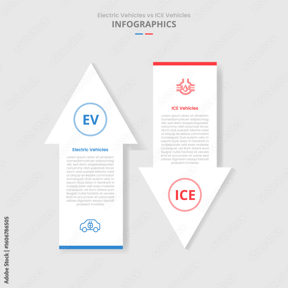Poster ev vs ice vehicles machine comparison for infographic with big arrow top and bottom direction opposi