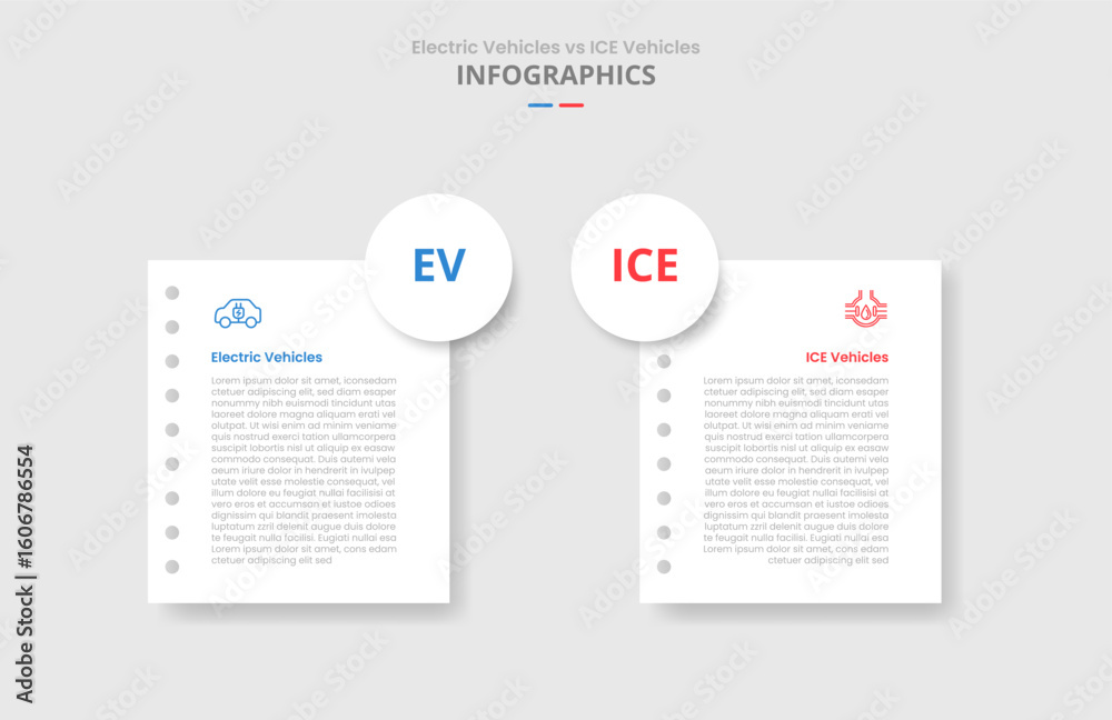 Poster ev vs ice vehicles machine comparison for infographic with paper page with big circle badge on edge 
