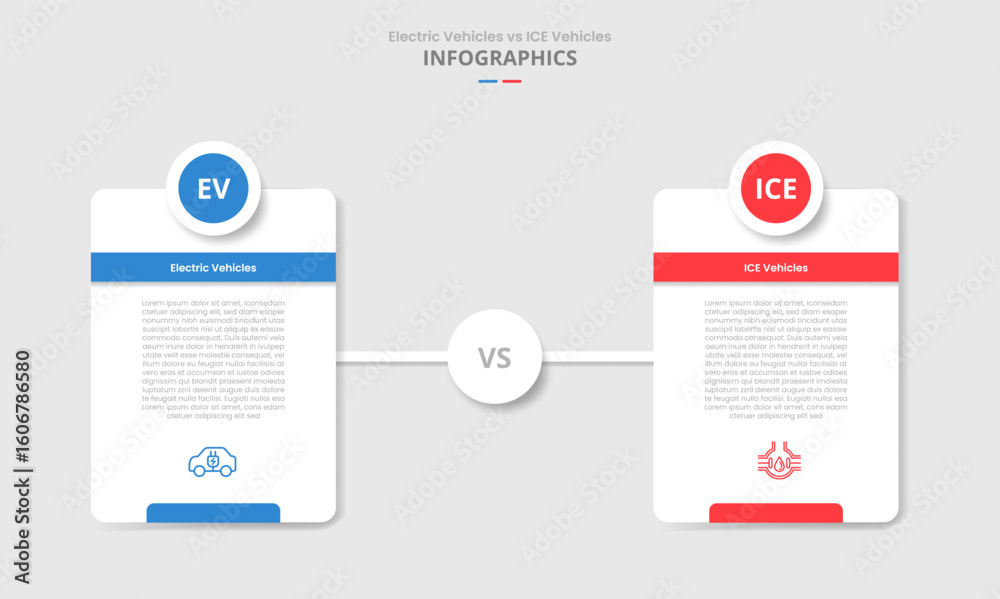 Poster ev vs ice vehicles machine comparison for infographic with vertical round box with circle badge on t