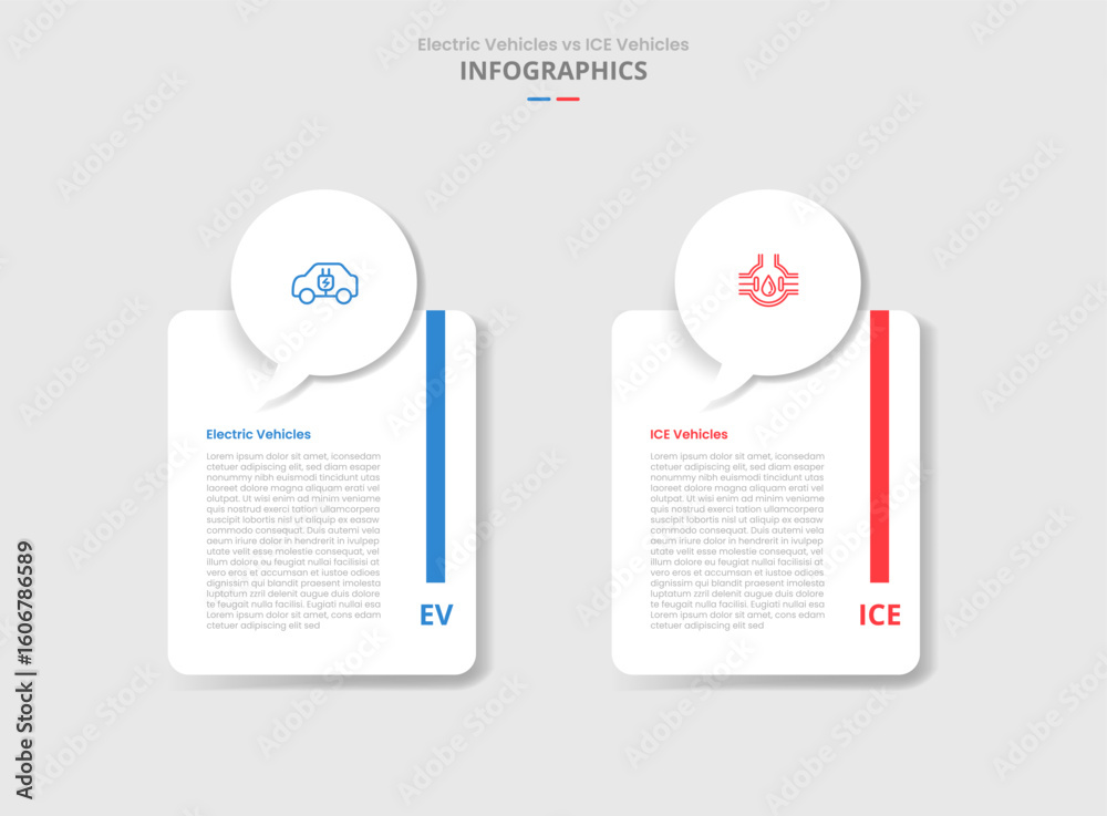 Poster ev vs ice vehicles machine comparison for infographic with callout discussion box on top of round ve
