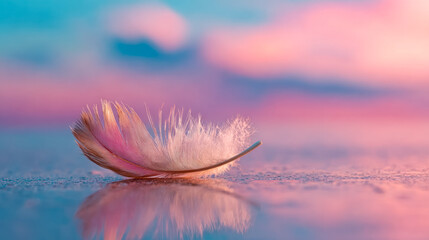 Soft pastel-colored feather resting on a reflective surface with a blurred sky in the background