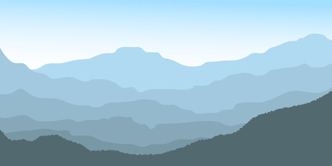A minimalist vector illustration of layered mountains panoramic  in various blue tones, creating a calm and peaceful atmosphere