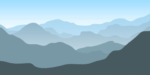 A minimalist vector illustration of layered mountains panoramic  in various blue tones, creating a calm and peaceful atmosphere