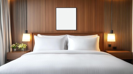 Modern bedroom with wooden decor and soft lighting.