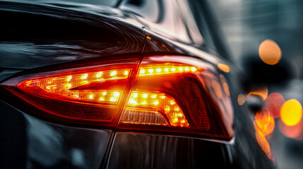 Close-up of illuminated car tail light with bokeh background
