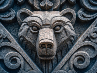 Intricate stone carving of a bear's face with decorative scrollwork
