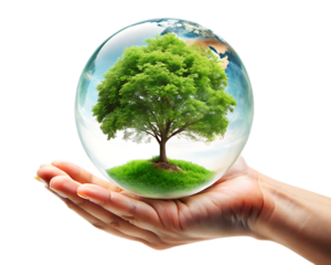 Hand holding a globe with a tree inside representing environmental conservation and sustainability